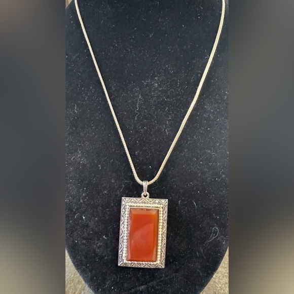 ANTIQUE GERMAN STERLING CARNELIAN EMERLD CUT PENDANT & UNIQUE 18” CHAIN ~13.29g - Picture 1 of 13